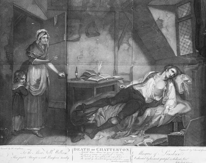 Framed Print : The Death of Chatterton, engraved by Edward Orme, 1794 (engraving)