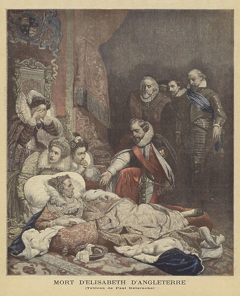 The Death of Elizabeth I, Queen of England (colour litho)