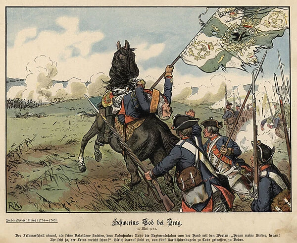 Death of Field Marshal von Schwerin at the Battle of Prague (colour litho)