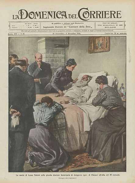 The death of Leo Tolstoi in the small railway station of Astapowo (Riasan gov) at dawn on the 20th century (colour litho)