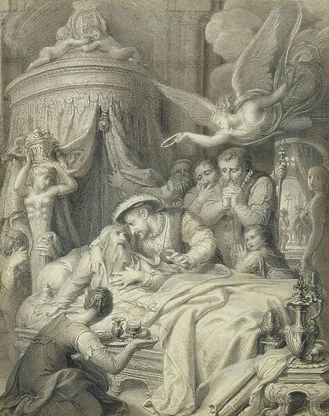 The Death of Leonardo in 1519 (pencil, ink & wash on paper)