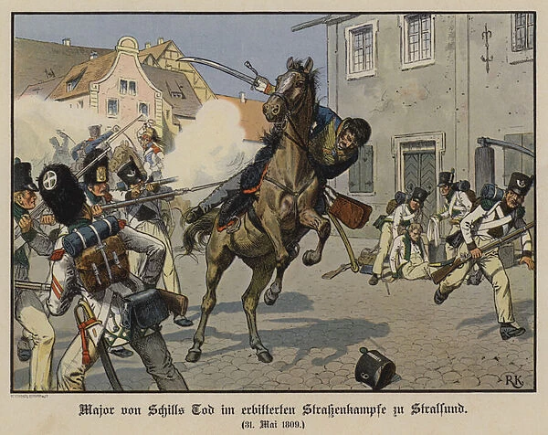 Death of Major von Schill in a street battle in Stralsund, 31 May 1809 (colour litho)