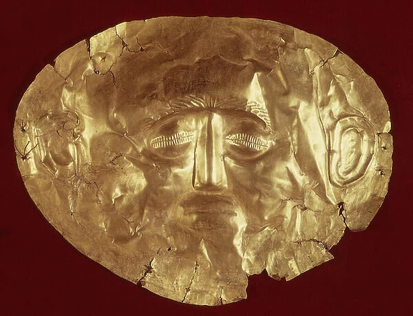 Death mask from the Royal Tomb IV, Mycenae, c. 1580-1550 BC (gold) (see also 37385)