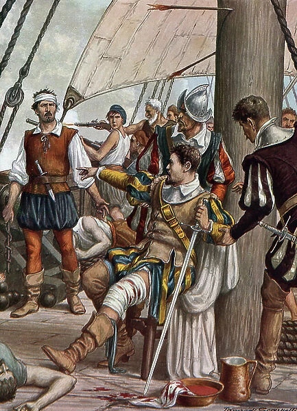 Death of the navigator Lourenco de Almeida (circa 1480-1508) at the Battle of Chaul, India 1508 (Death of portughese navigator Lourenco de Almeida during the battle of Chaul)