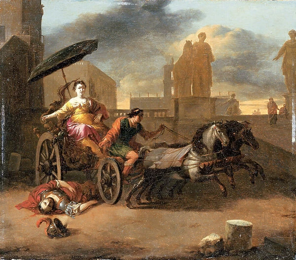 The Death of Servius Tullius with Tullia in her chariot (oil on panel)