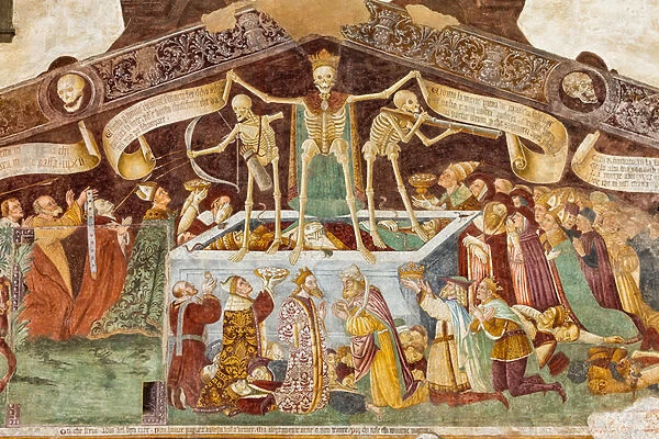 Death standing on a sarcophagus where the dead Pope and the Emperor lie, detail from the Triumph of Death and Dance of Death, 1485 (fresco)