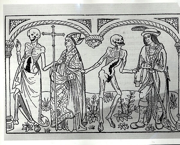 Death taking the Bishop and the Nobleman, from the Danse Macabre, published Paris