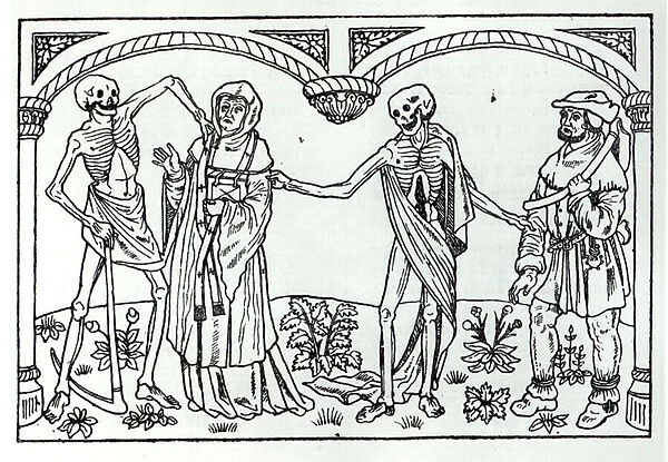 Death taking the Priest and the Peasant, from the Danse Macabre, published Paris