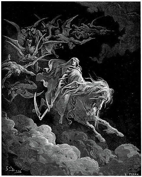 Death vision: the fourth rider of the apocalypse - ' we saw a pale horse; the one who mounted it was Death. Hell followed him' - Illustration by Gustave Dore (1832-1883) for The Bible (1866)
