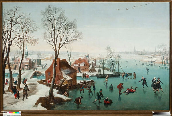 December, skaters on a lake gele (December, skaters on a iced lake