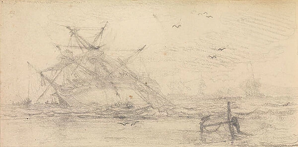 A two deck ship wrecked on a beach, 19th century (graphite)