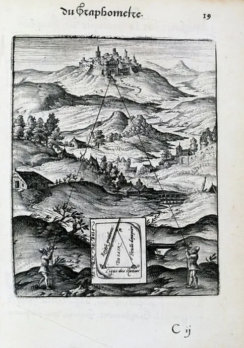 Framed Print : Declaration de l'usage du graphometre (essay on trigonometry), by Philippe Danfrie (1532-1606), etching on copper and wood, Paris, 1597 Framed Print : Declaration de l'usage du graphometre (essay on trigonometry), by Philippe Danfrie (1532-1606), etching on copper and wood, Paris, 1597