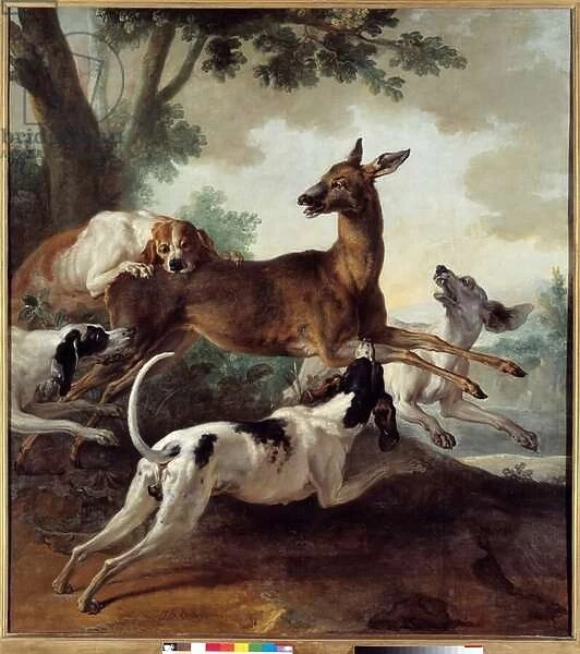 Deer chased by dogs. Hunting scene. Painting by Jean Baptiste Oudry (1686-1755), 1725
