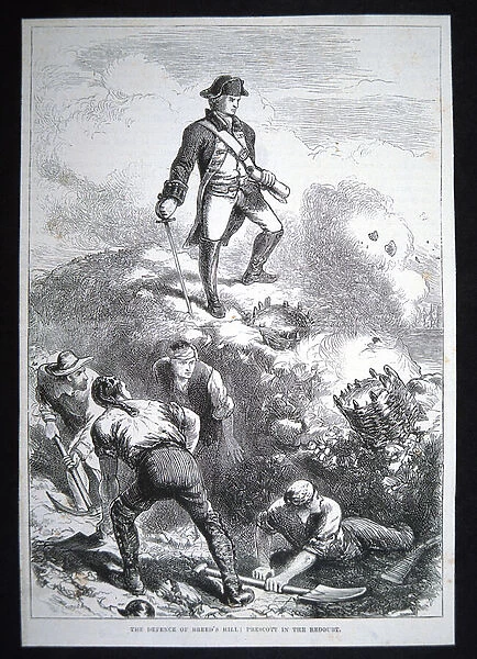 The defence of Breeds Hill, Prescott in the redoubt (litho)