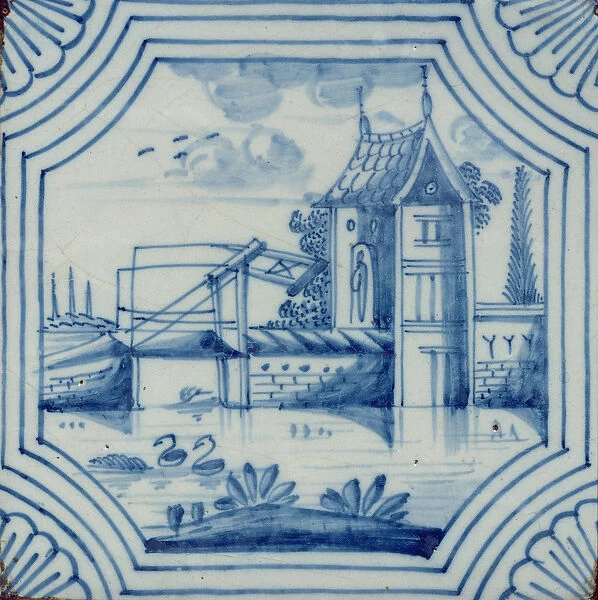 Delft tile showing a drawbridge over a canal, 19th century