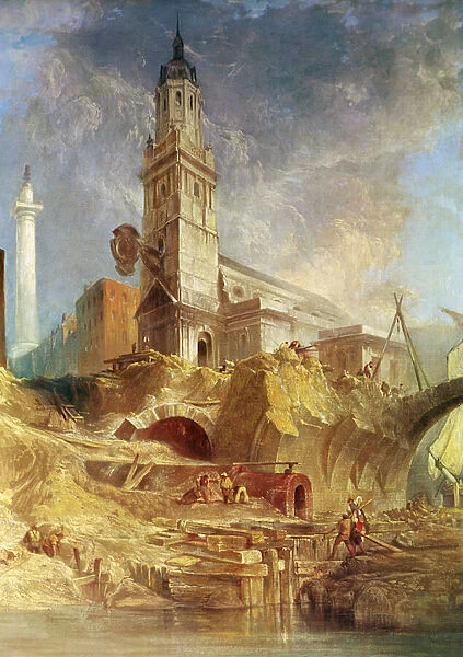 Demolishing Old London Bridge, with St. Magnus the Martyr behind (oil on canvas)