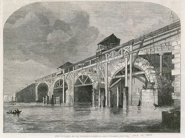 The demolition of Old Westminster Bridge (engraving)