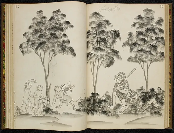 Framed Print : A demon trying to attack monkeys in the forest, scene from the Ramakien (Thai version of the Ramayana) Framed Print : A demon trying to attack monkeys in the forest, scene from the Ramakien (Thai version of the Ramayana)