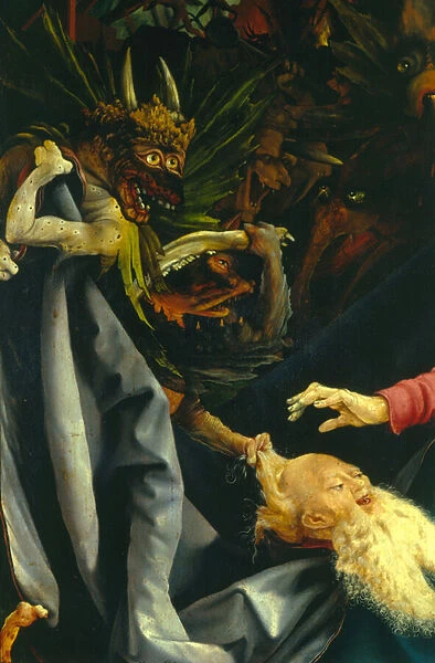 Demons pulling St. Anthonys hair, detail from The Temptation of St. Anthony from the Isenheim Altarpiece, c. 1512-16 (oil on panel)