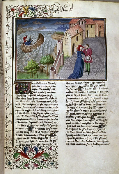 The depart Page taken from a manuscript in French from the 'Decameron'by Giovanni Boccaccio dit Jean Boccaccio (1313-1375), Italian writer, illuminated by the Master of Mansel. 1450. Paris, Library of the Arsenal