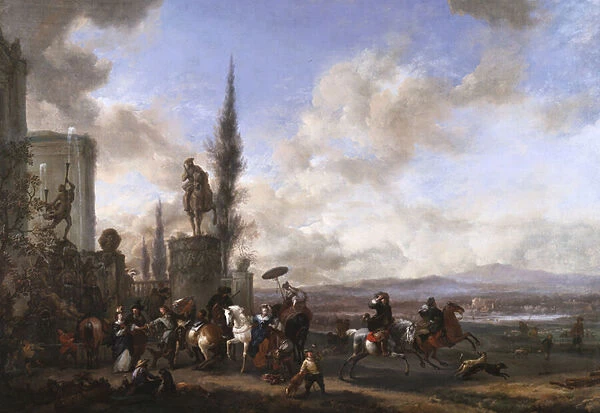 Departure for the Hunt (oil on canvas)