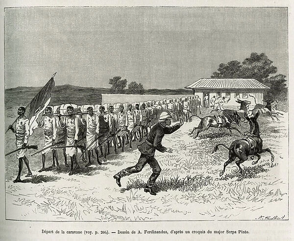 Departure of the portfaix caravan, for a route from Benguela to Quilengues (Angola). Engraving by A. Ferdinandus, to illustrate the story how I crossed Africa, from the Atlantic Ocean to the Indian Ocean, by Major Serpa Pinto, in 1877-1878