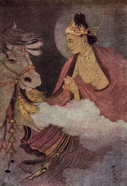 Departure of Prince Siddhartha (colour litho)