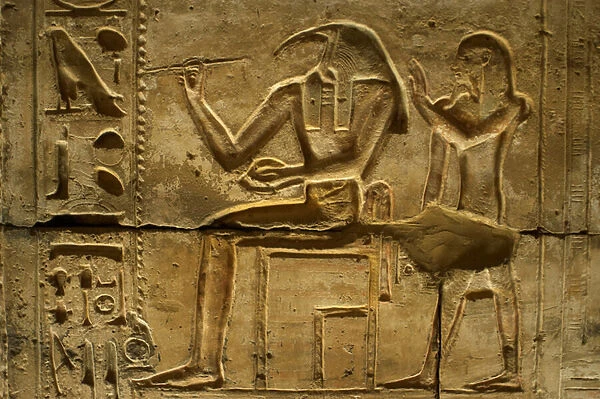 Depiction of god Thoth (Ibis-headed), in the Temple of Seti I, Abydos, Egypt. 1292-1189 BC (stone)