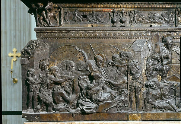 The derision of Christ. Detail. Low relief of the right pulpit, 15th century