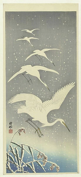 Descending egrets in snow, 1925-36 (colour woodcut)