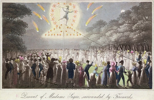 Descent of Madame Saqui, surrounded by fireworks, published by Thomas Kelly (fl. 1820-55) London, 1822 (aquatint)