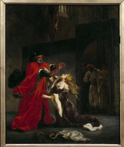 Desdemone cursed by her father (Brabantio). Illustration of William Shakespeares play 'Othello or the Moor of Venice'. Painting by Eugene Delacroix (1798-1863), 1852. hs  /  t. Sun: 0, 59 x 0, 49m. Reims, Museum of Fine Arts