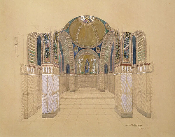 Design for a church interior, 1910 (pencil & w / c on paper)