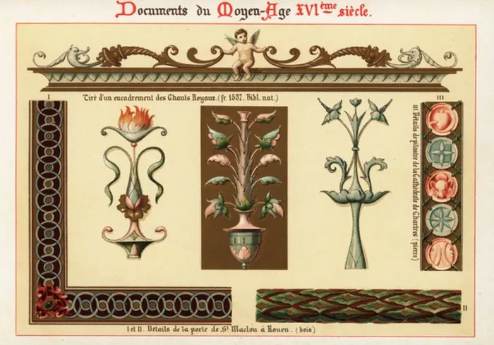 Framed Print : Design elements from architecture and manuscripts of the 16th ce, 1890 (Chromolithograph)