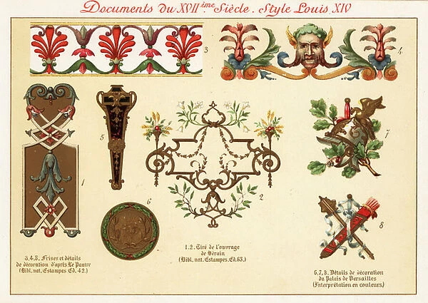 Design elements from the rococo era of Louis XIV, 17th century. 1890 (Chromolithograph)
