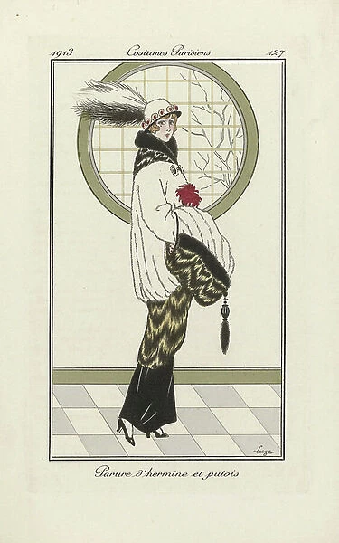 Design for Ermine and Polecat Ensemble, from Costumes Parisien, pub.1913 (pochoir print)