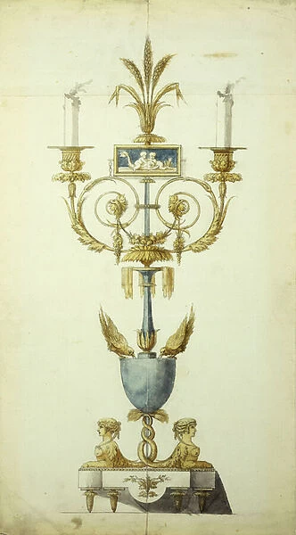 Design for a Gilt Bronze and Enamel Candelabrum (pen & ink with w  /  c on paper)