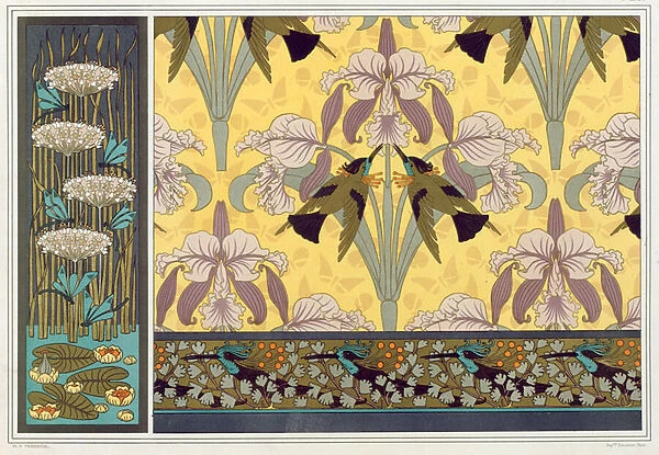 Design for wallpaper border, fabric and panel: 'Dragonflies;Waterlillies and Flowering Rush', Humming Birds and Orchids'and Hummming Birds and Maiden Hair Fern'from L Animal dans la Decoration