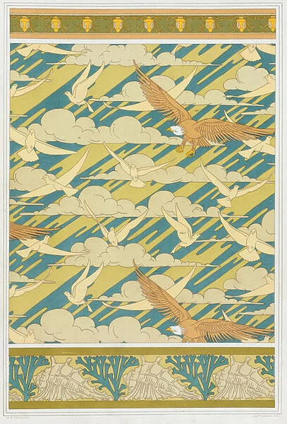 Designs for wallpaper border 'Squash Bug', Wallpaper with Eagles and Pigeons;and wallpaper border with shells and seaweed, from L Animal dans la Decoration by Maurice Pillard Verneuil;pub. 1897 (colour lithograph)