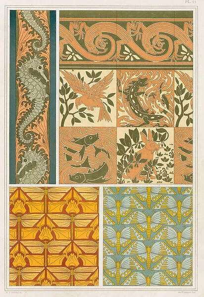 Designs for wallpaper borders and Cermaic Tiles: 'Seahorses and Seaweed', 'Dragonflies and Iris', 'The Four Elements with Lizard Border'and 'Butterflies'