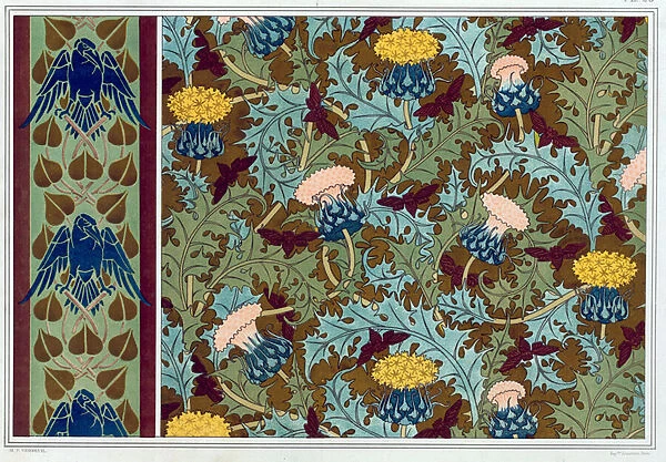 Designs for wallpaper borders and printed fabric: 'Crows'and 'Cicadas and Thistles', from L Animal dans la Decoration by Maurice Pillard Verneuil, pub. 1897 (colour lithograph)