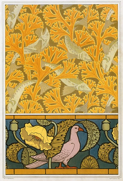 Designs for wallpaper and stained glass: 'Fish and Seaweed', 'Pigeon and Poppies', from L Animal dans la Decoration by Maurice Pillard Verneuil, pub. 1897 (colour lithograph)