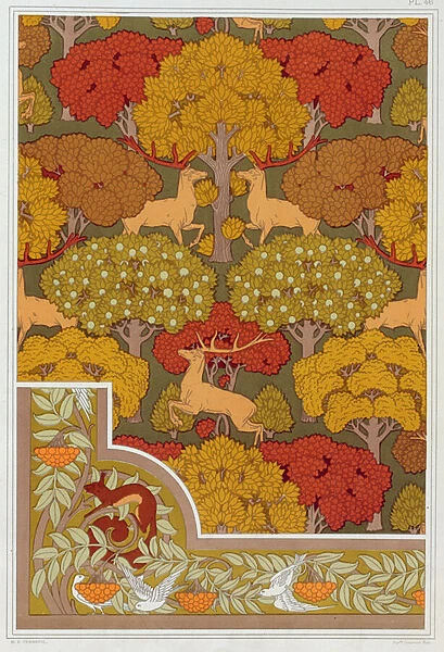 Designs for wallpaper and wallpaper border 'Deer in the Trees'and 'Squirrel with Birds and Mountain Ash'from L Animal dans la Decoration by Maurice Pillard Verneuil, pub. 1897 (colour lithograph)