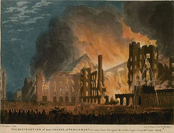 The destruction of both Houses of Parliament as seen from Abingdon Street (coloured engraving)