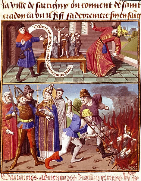 Destruction of sacred objects and intervention by Pope Gregoire I the Great (540-604) Miniature in 'Le miroir historial'(Speculum Historiale) (ms)
