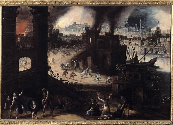 The Destruction of Troy Painting by Pieter Schoubroeck (1570-1607) 17th century Besancon