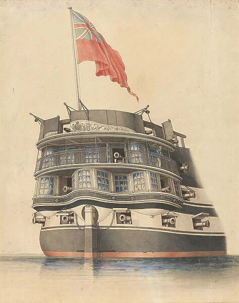 Detailed view of the stern of HMS Asia with ensign flying. 19th century (watercolour)