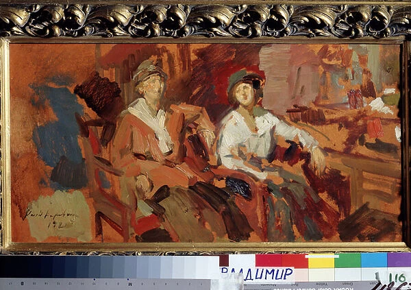 Deux sur les chaises en osier. (Two on the Wicker Chairs). Deux jeunes femmes coiffees de chapeaux, assises cote a cote. Peinture de Konstantin Alexeyevich Korovin (Constantin Korovine) (1861-1939), huile sur toile, 1921