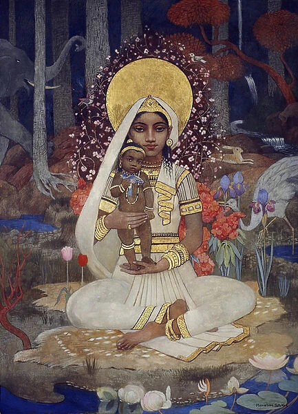 Devaki, Mother of Krishna (tempera and gold paint on paper laid on board)