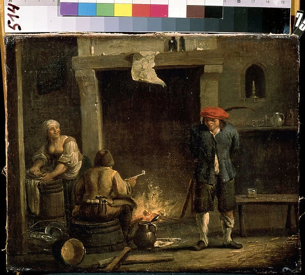 Devant l atre (At the oven). Peinture de David Teniers le jeune (1610-1690). Huile sur bois, 32 x 53 cm, 1633. art flamand, art baroque. Mikhail Kroshitsky Art Museum, Sevastopol (Sebastopol) Ukraine